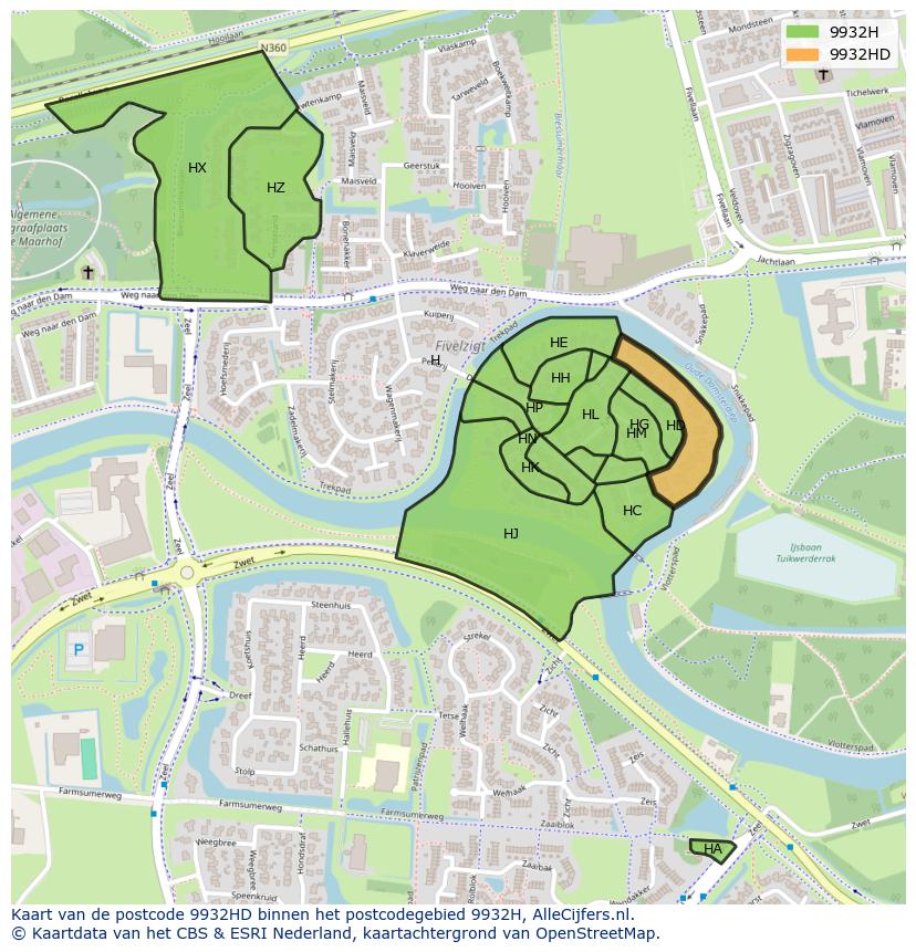Afbeelding van het postcodegebied 9932 HD op de kaart.