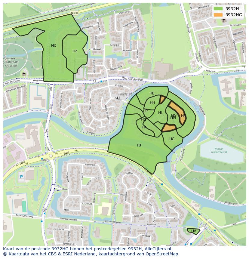Afbeelding van het postcodegebied 9932 HG op de kaart.