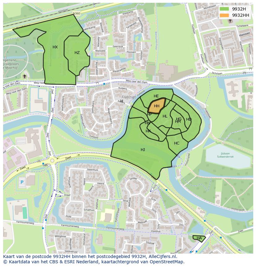 Afbeelding van het postcodegebied 9932 HH op de kaart.