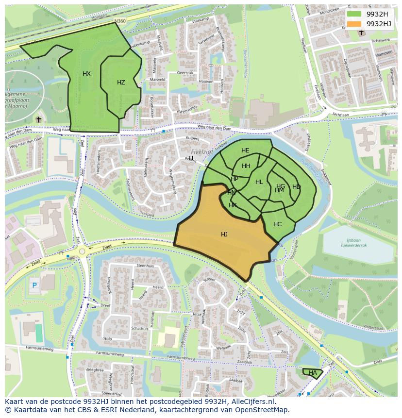 Afbeelding van het postcodegebied 9932 HJ op de kaart.