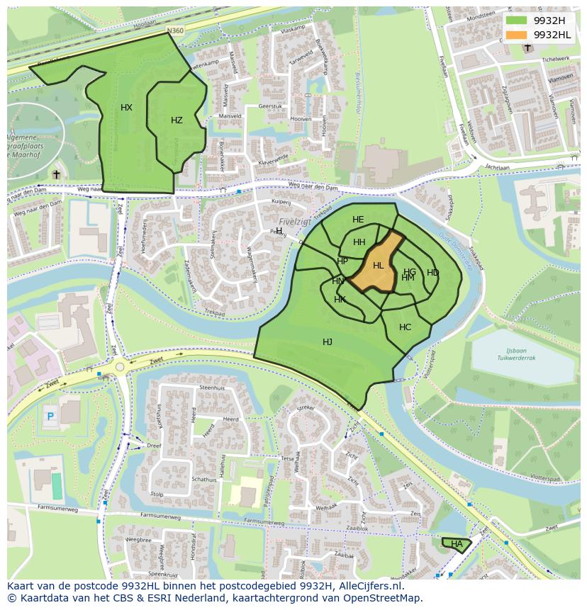 Afbeelding van het postcodegebied 9932 HL op de kaart.