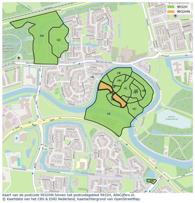 Afbeelding van het postcodegebied 9932 HN op de kaart.