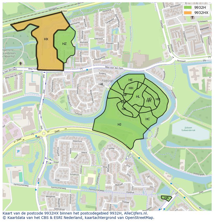 Afbeelding van het postcodegebied 9932 HX op de kaart.