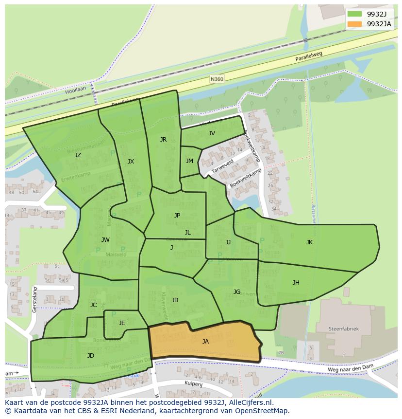 Afbeelding van het postcodegebied 9932 JA op de kaart.