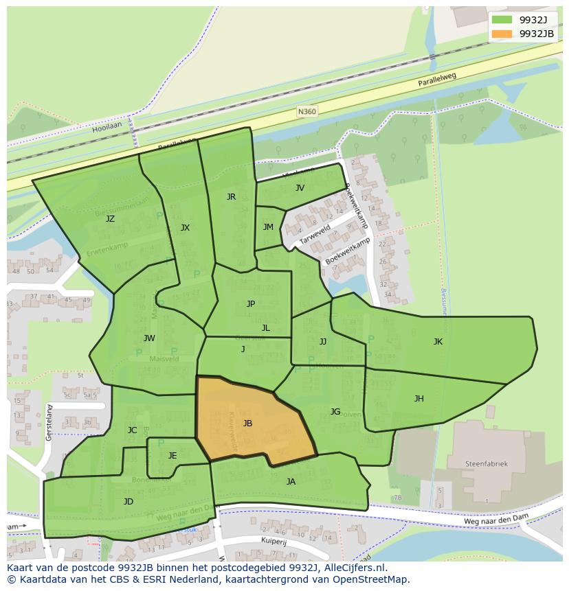 Afbeelding van het postcodegebied 9932 JB op de kaart.