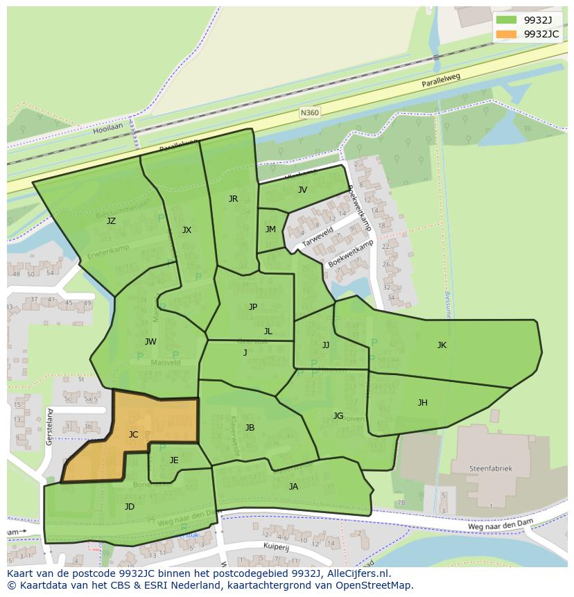 Afbeelding van het postcodegebied 9932 JC op de kaart.