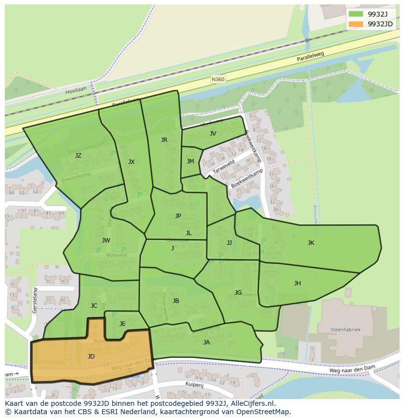 Afbeelding van het postcodegebied 9932 JD op de kaart.