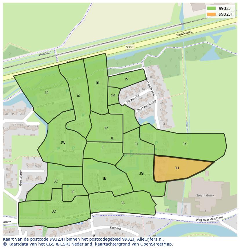 Afbeelding van het postcodegebied 9932 JH op de kaart.