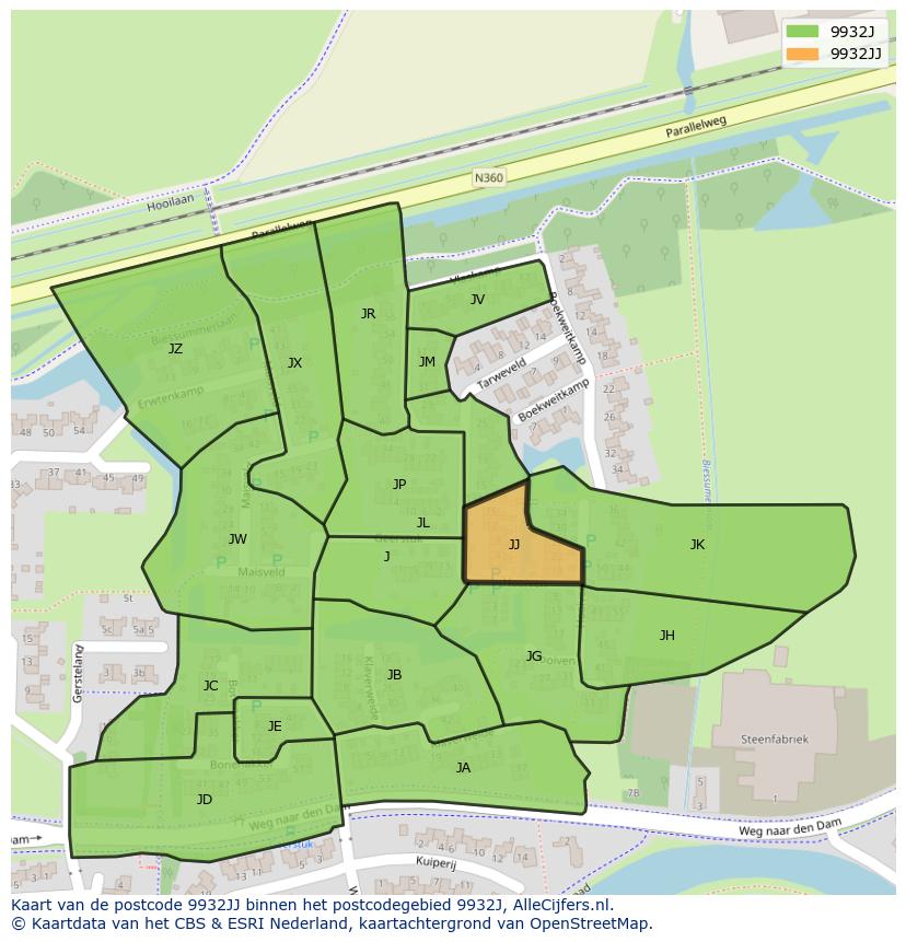 Afbeelding van het postcodegebied 9932 JJ op de kaart.