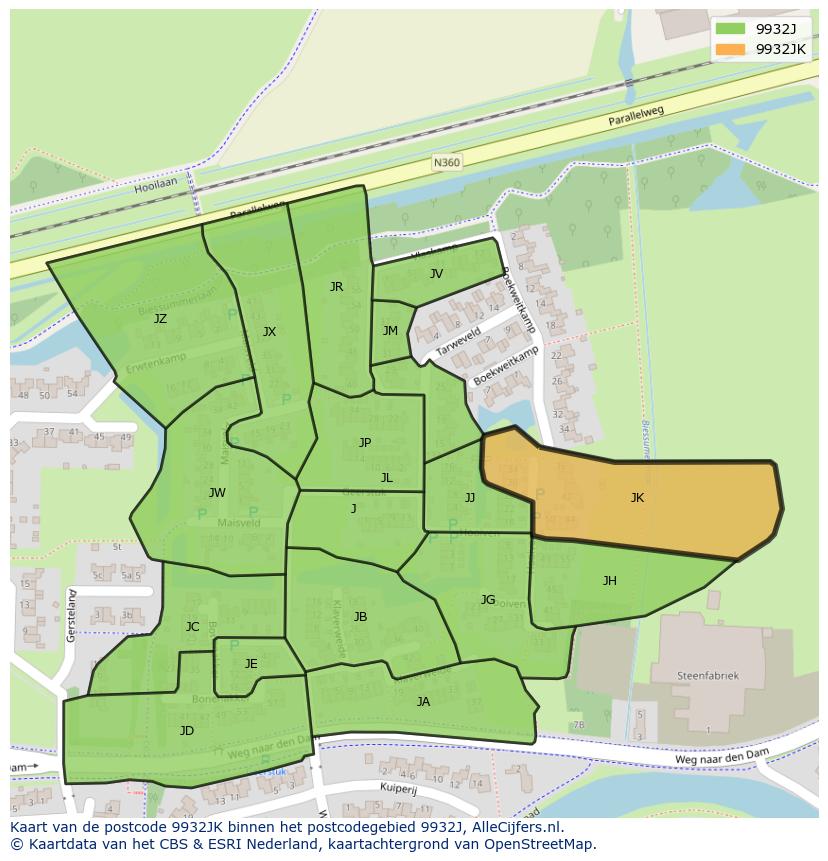 Afbeelding van het postcodegebied 9932 JK op de kaart.