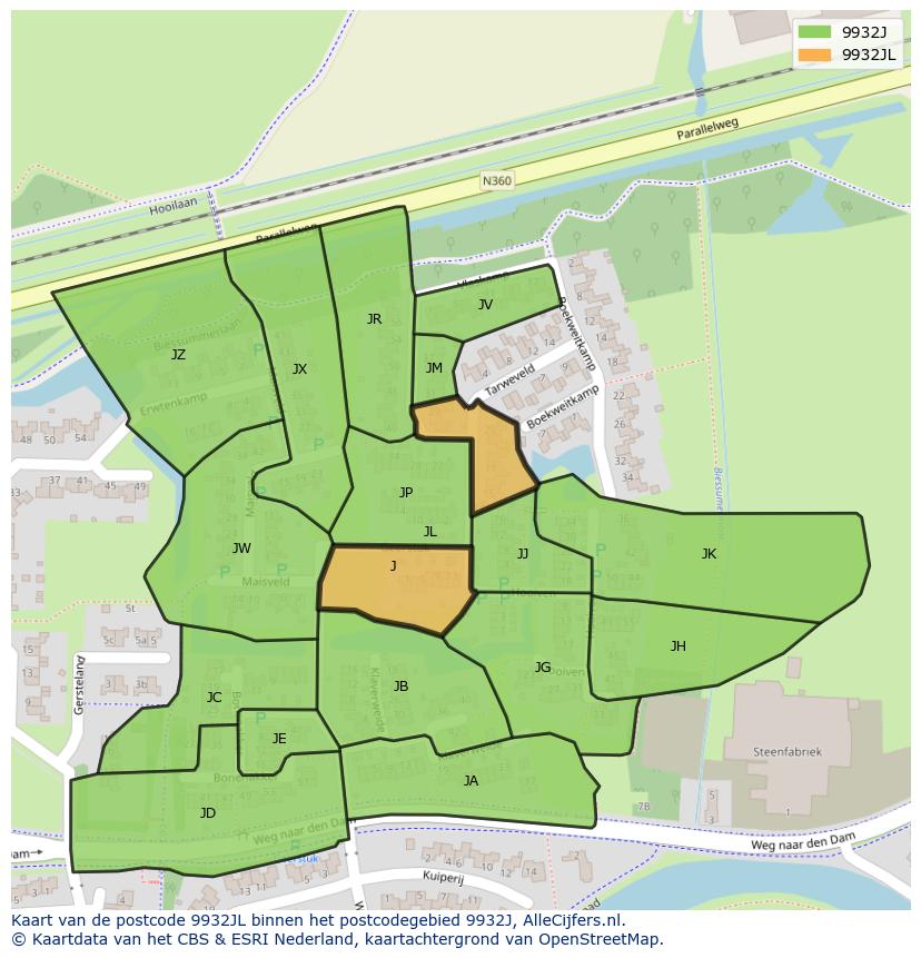 Afbeelding van het postcodegebied 9932 JL op de kaart.