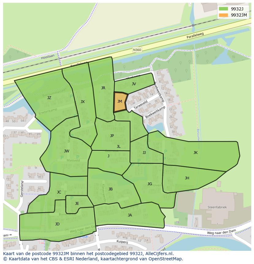 Afbeelding van het postcodegebied 9932 JM op de kaart.