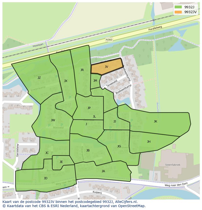 Afbeelding van het postcodegebied 9932 JV op de kaart.