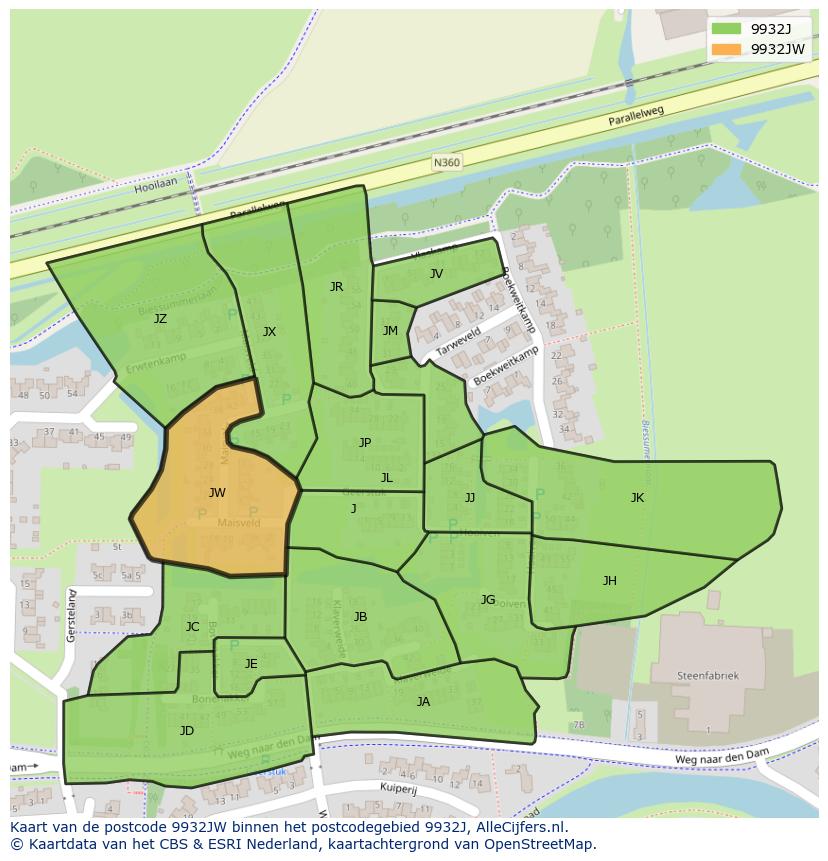 Afbeelding van het postcodegebied 9932 JW op de kaart.
