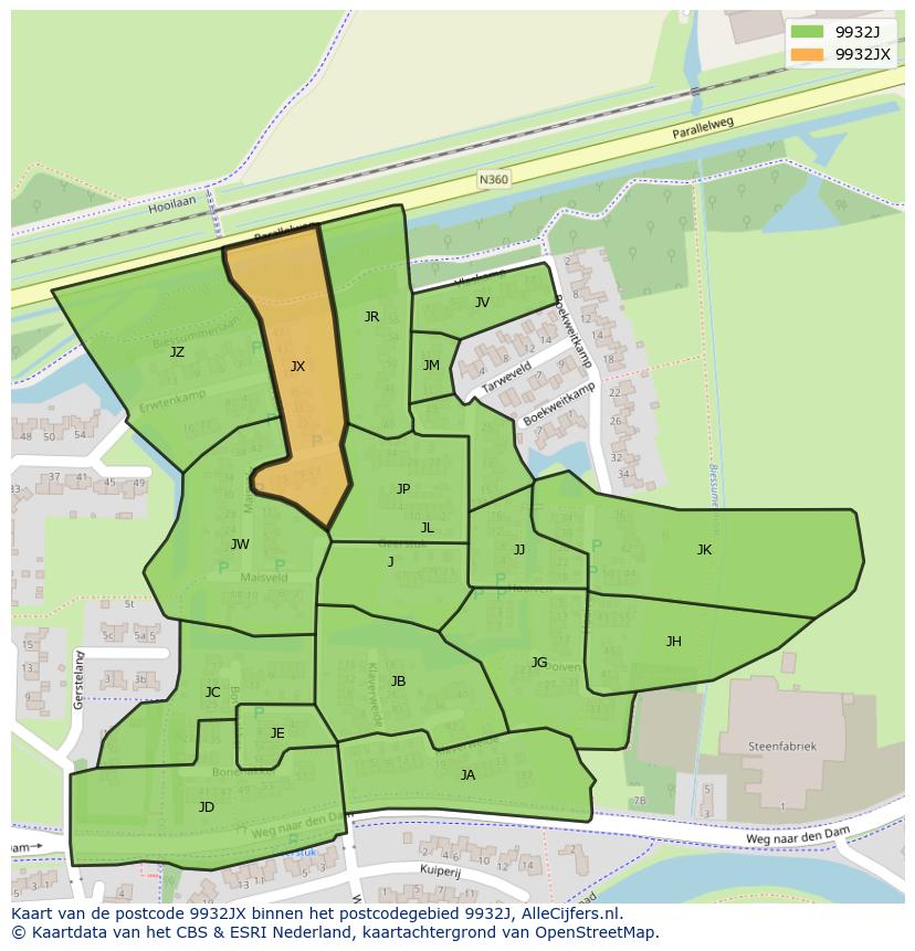 Afbeelding van het postcodegebied 9932 JX op de kaart.