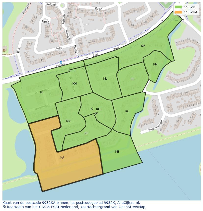 Afbeelding van het postcodegebied 9932 KA op de kaart.