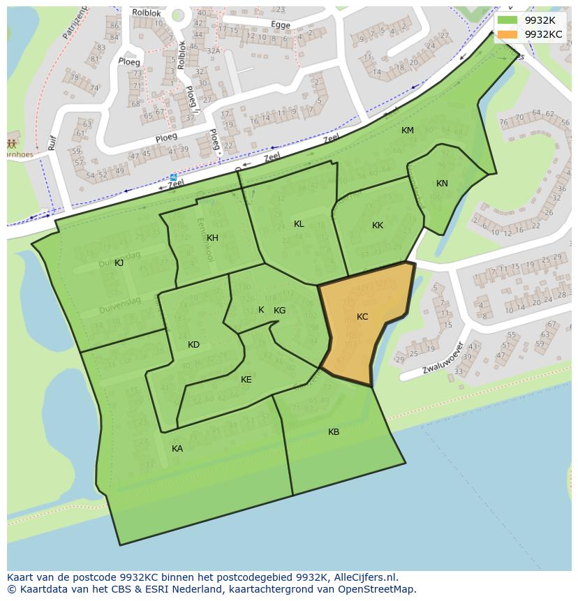 Afbeelding van het postcodegebied 9932 KC op de kaart.
