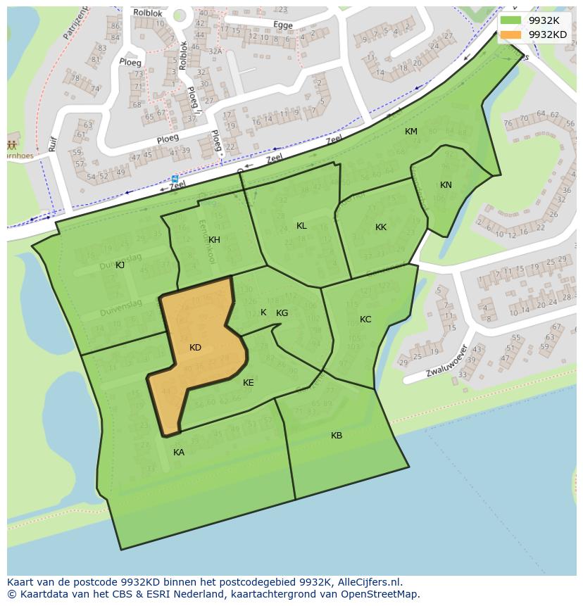 Afbeelding van het postcodegebied 9932 KD op de kaart.