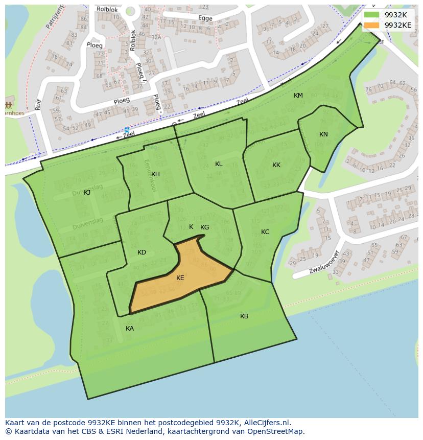 Afbeelding van het postcodegebied 9932 KE op de kaart.
