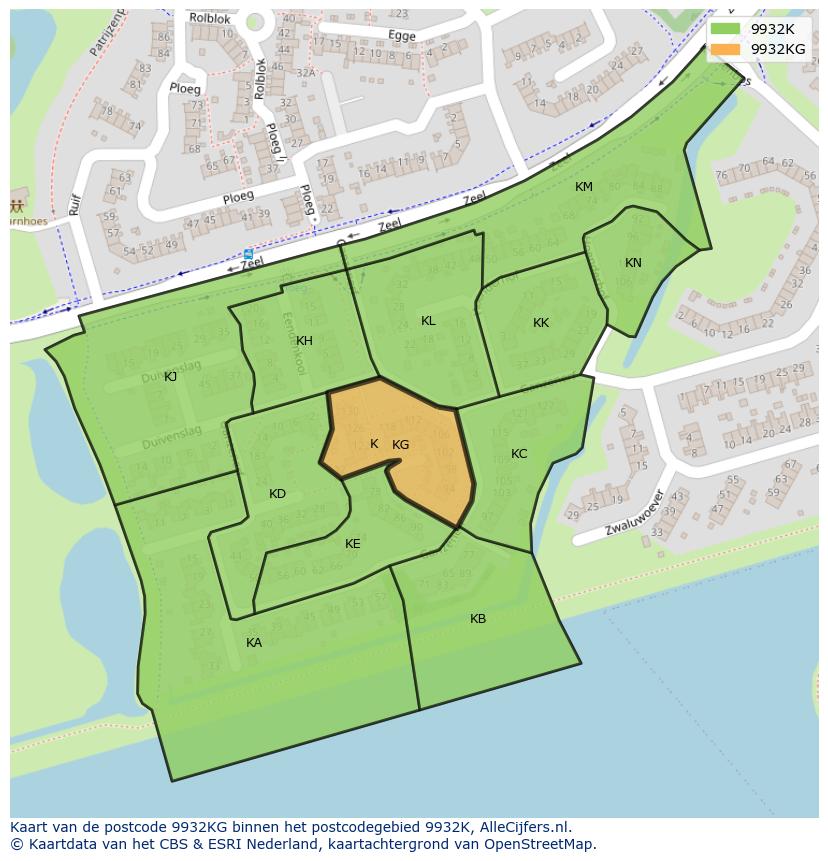 Afbeelding van het postcodegebied 9932 KG op de kaart.