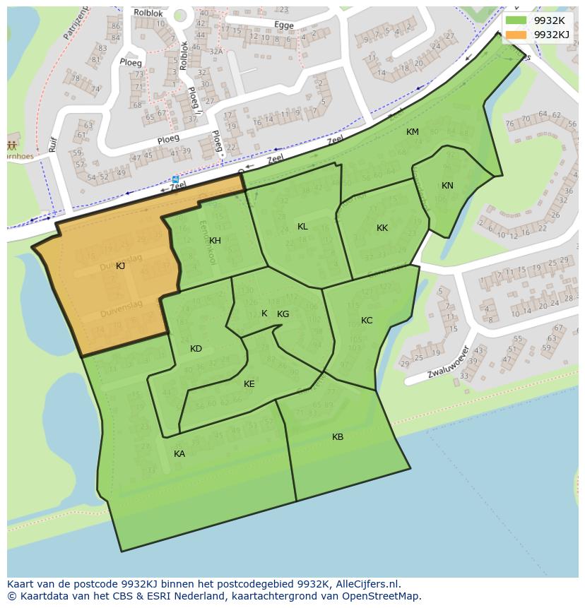 Afbeelding van het postcodegebied 9932 KJ op de kaart.