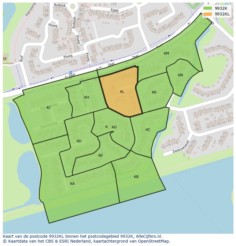 Afbeelding van het postcodegebied 9932 KL op de kaart.