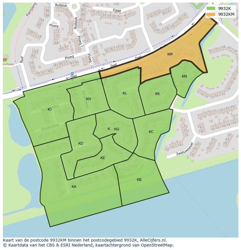 Afbeelding van het postcodegebied 9932 KM op de kaart.