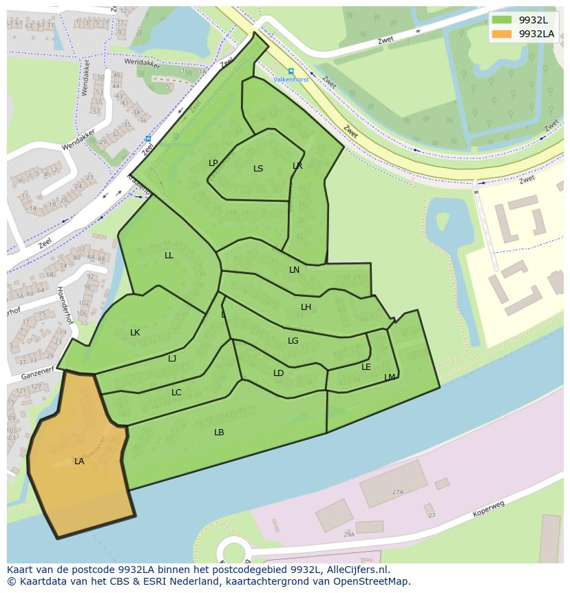 Afbeelding van het postcodegebied 9932 LA op de kaart.