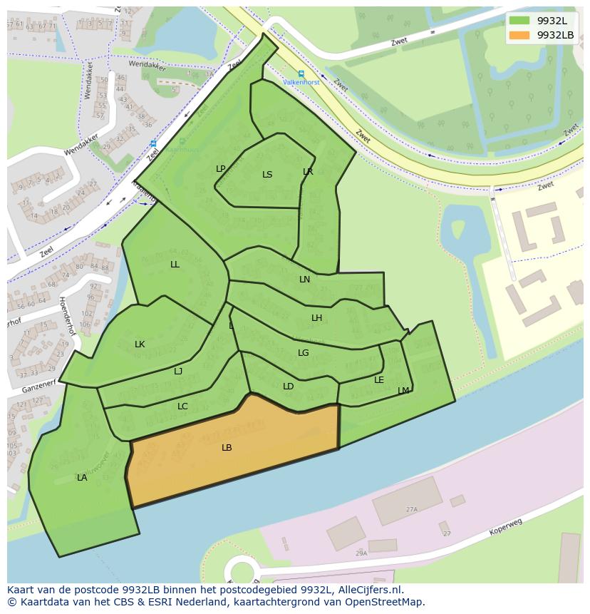 Afbeelding van het postcodegebied 9932 LB op de kaart.