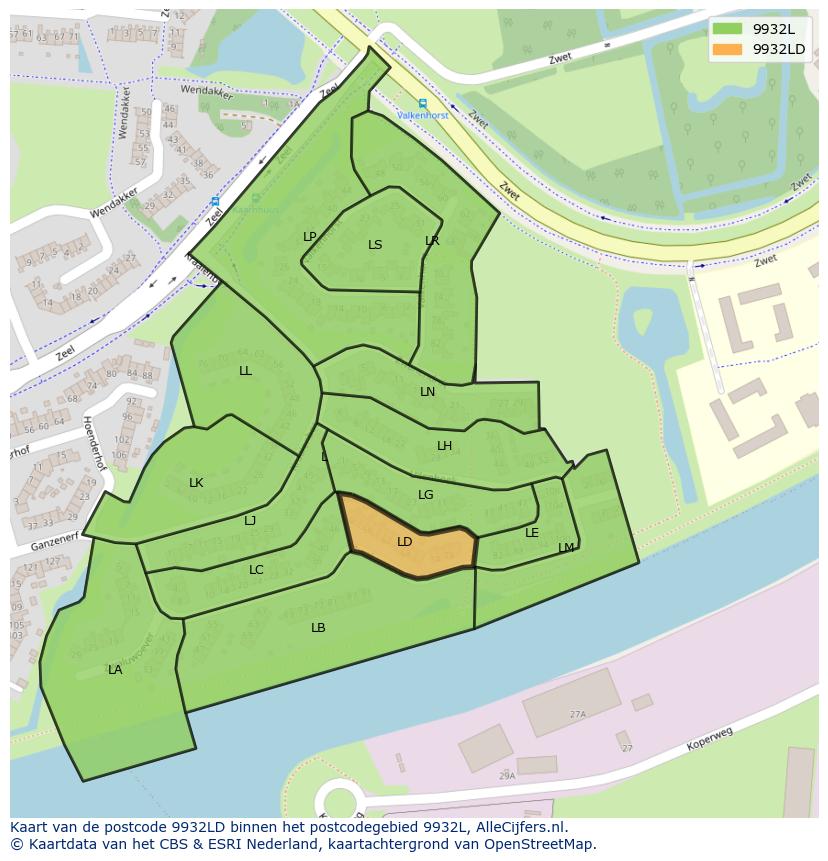 Afbeelding van het postcodegebied 9932 LD op de kaart.