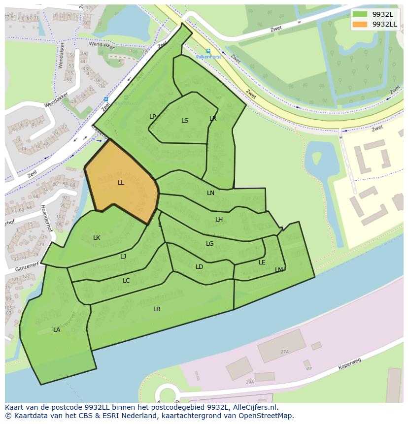 Afbeelding van het postcodegebied 9932 LL op de kaart.