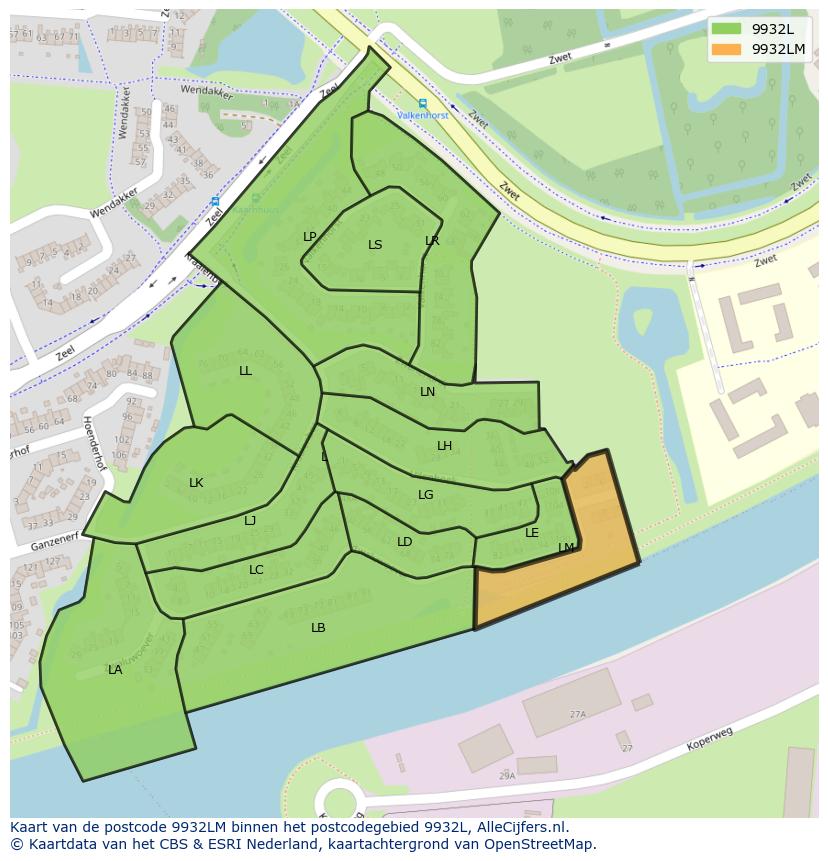 Afbeelding van het postcodegebied 9932 LM op de kaart.