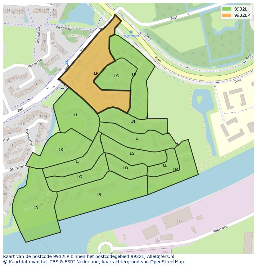 Afbeelding van het postcodegebied 9932 LP op de kaart.