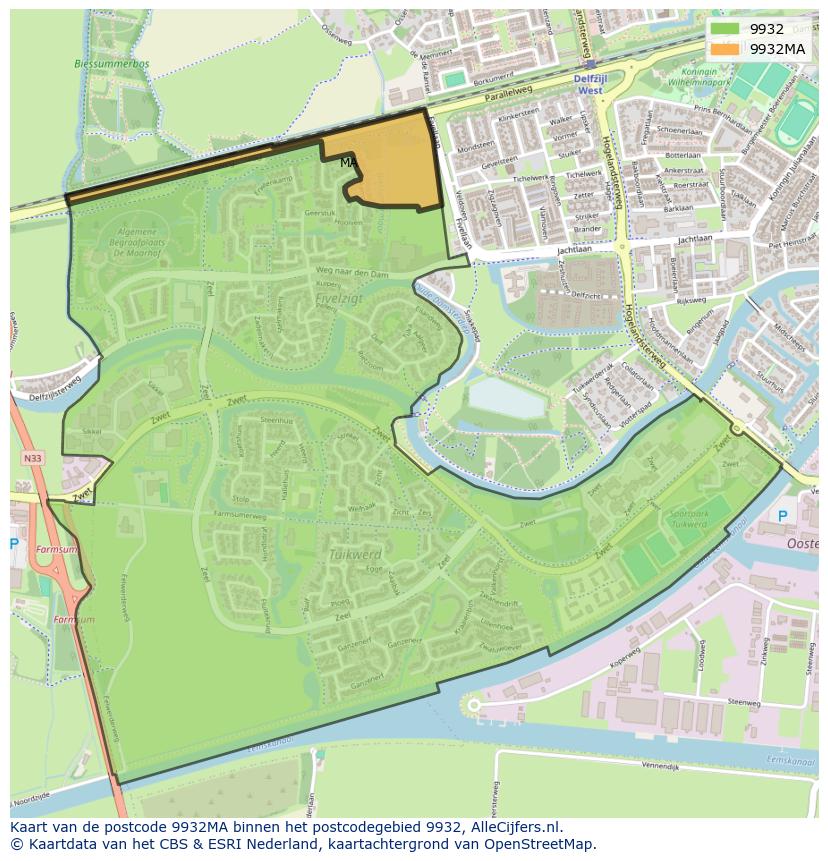 Afbeelding van het postcodegebied 9932 MA op de kaart.