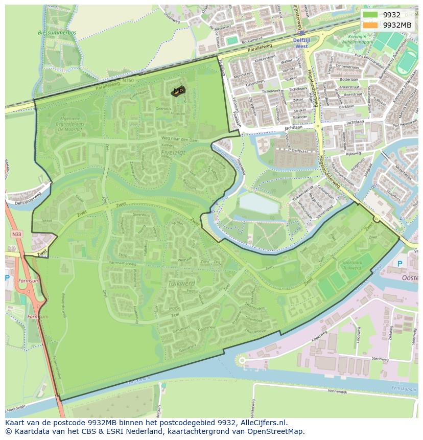 Afbeelding van het postcodegebied 9932 MB op de kaart.