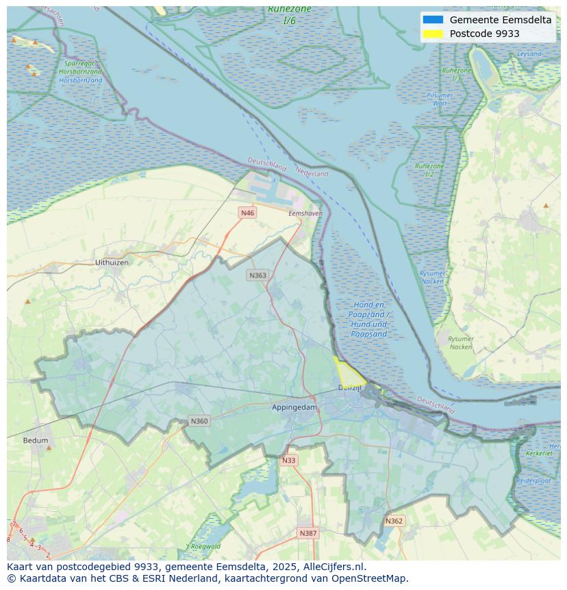 Afbeelding van het postcodegebied 9933 op de kaart.
