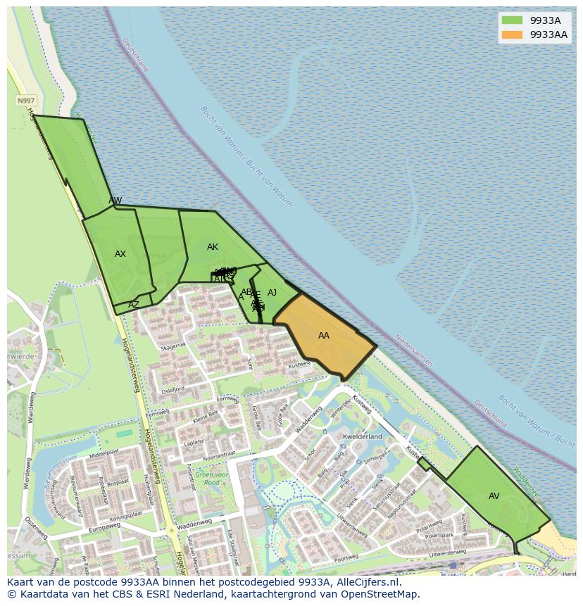 Afbeelding van het postcodegebied 9933 AA op de kaart.