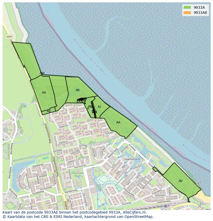 Afbeelding van het postcodegebied 9933 AE op de kaart.