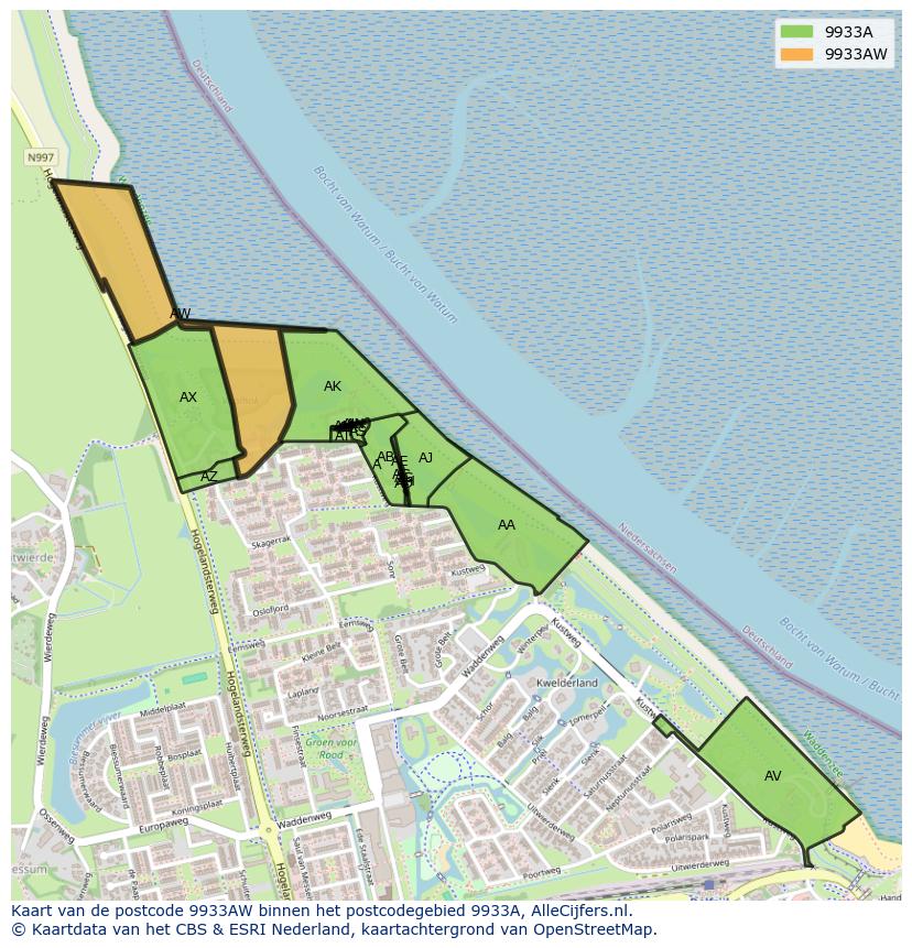 Afbeelding van het postcodegebied 9933 AW op de kaart.