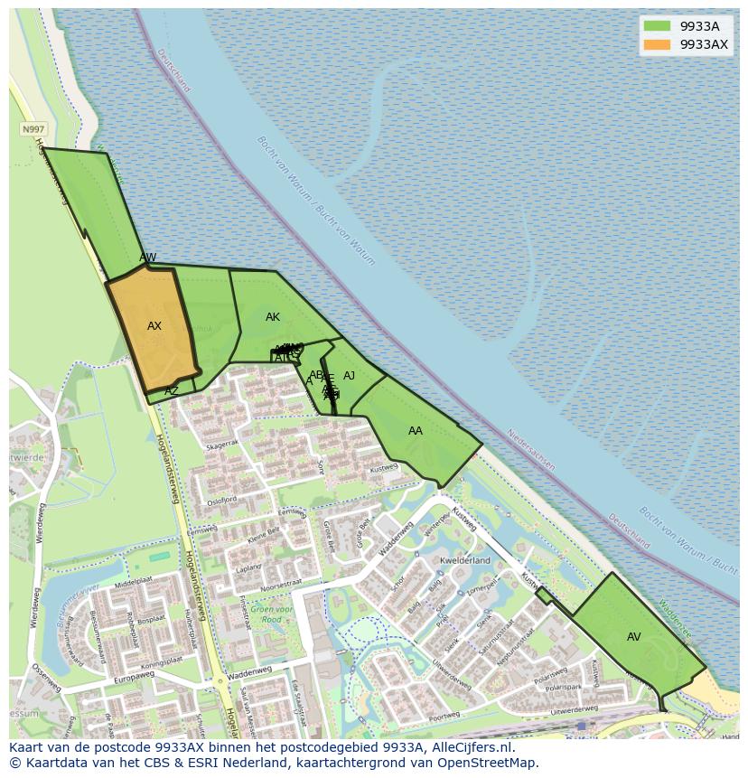 Afbeelding van het postcodegebied 9933 AX op de kaart.
