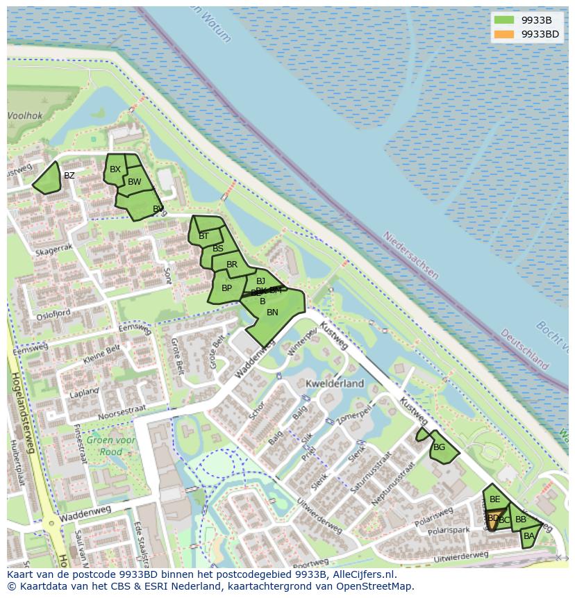 Afbeelding van het postcodegebied 9933 BD op de kaart.