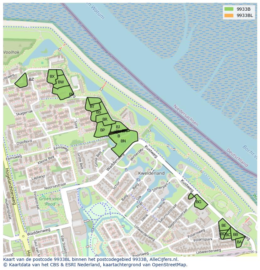 Afbeelding van het postcodegebied 9933 BL op de kaart.