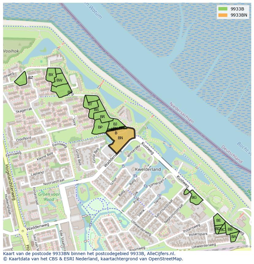 Afbeelding van het postcodegebied 9933 BN op de kaart.