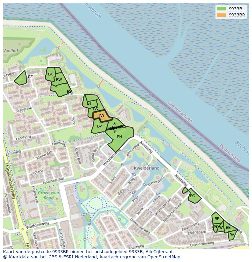 Afbeelding van het postcodegebied 9933 BR op de kaart.