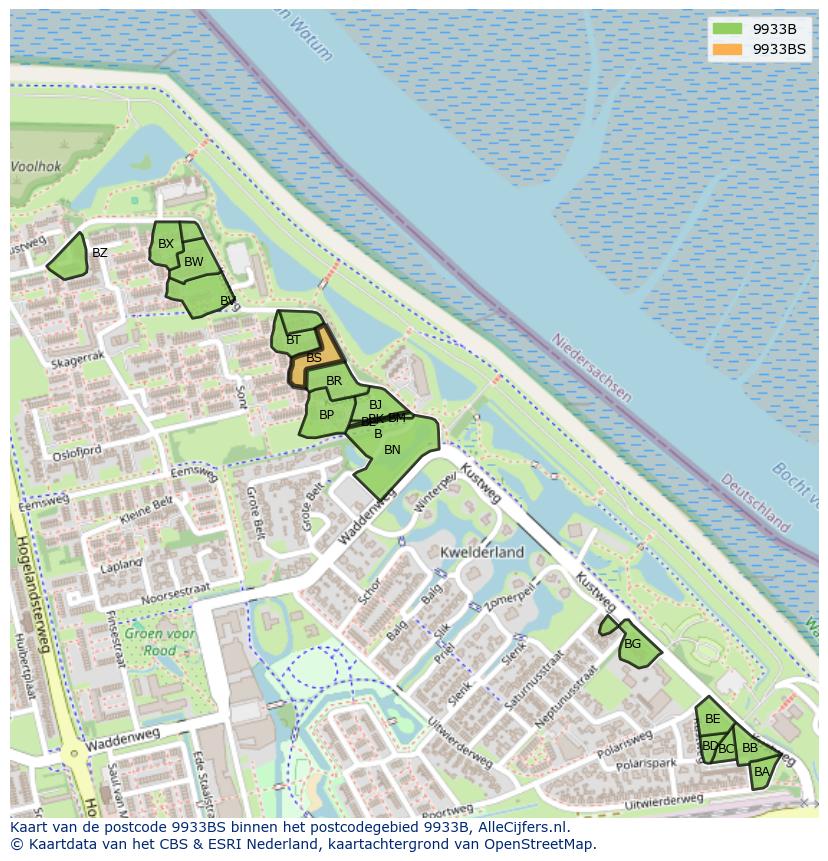 Afbeelding van het postcodegebied 9933 BS op de kaart.