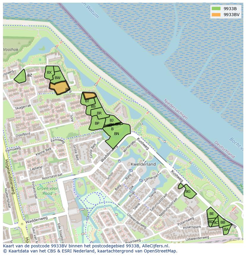 Afbeelding van het postcodegebied 9933 BV op de kaart.