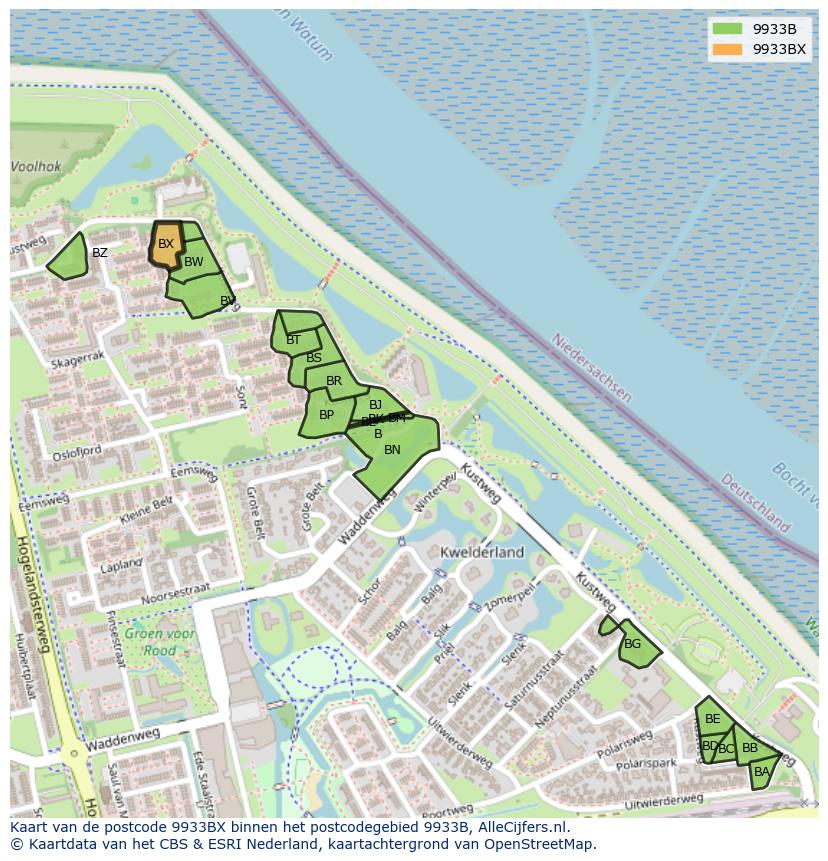 Afbeelding van het postcodegebied 9933 BX op de kaart.