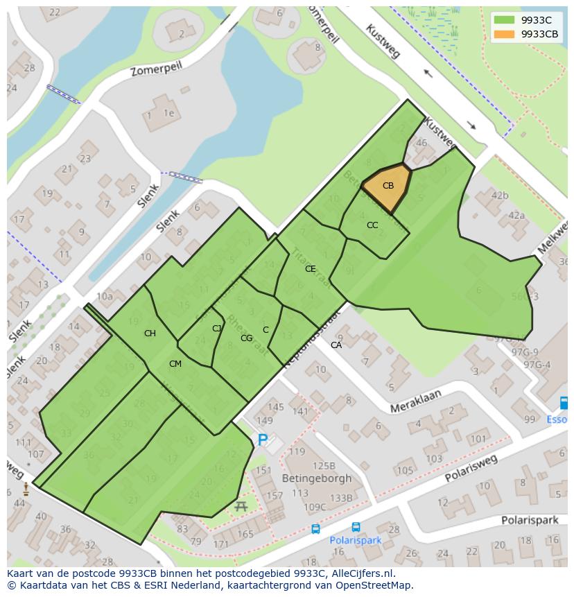 Afbeelding van het postcodegebied 9933 CB op de kaart.