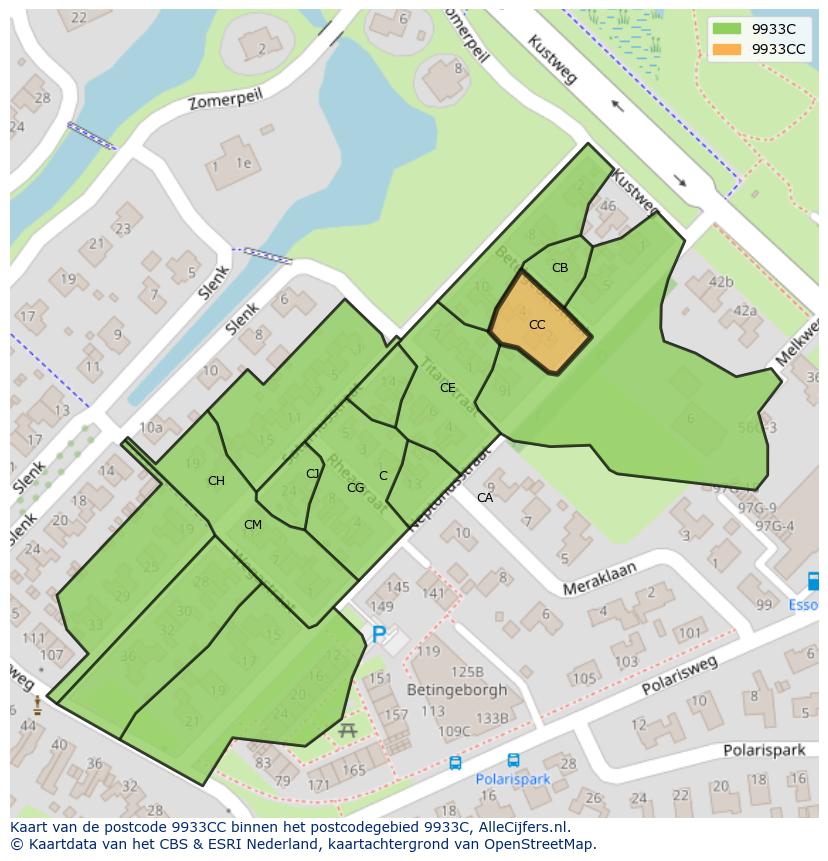 Afbeelding van het postcodegebied 9933 CC op de kaart.