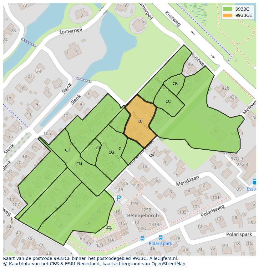 Afbeelding van het postcodegebied 9933 CE op de kaart.
